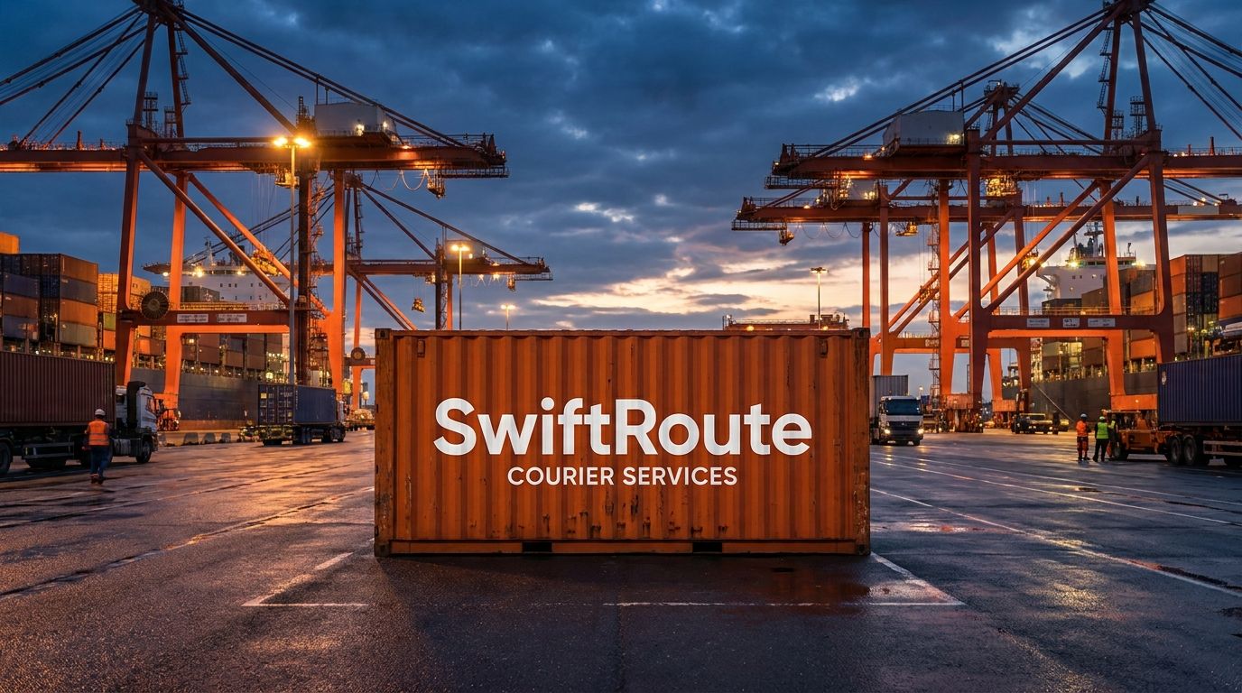 SwiftRoute branded shipping cargo container at port