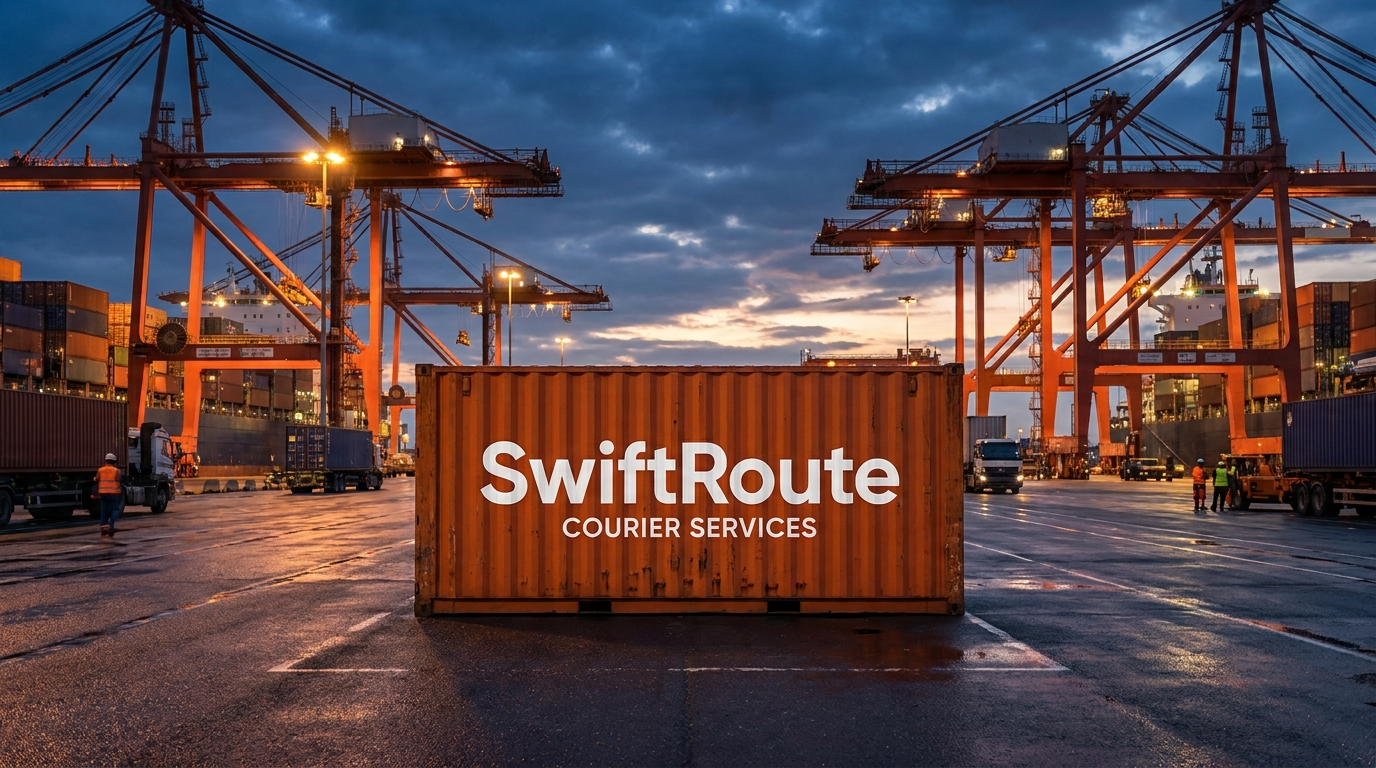 SwiftRoute branded shipping cargo container at port