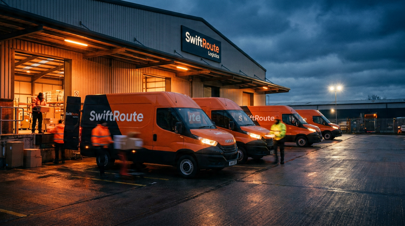SwiftRoute delivery fleet loading at warehouse